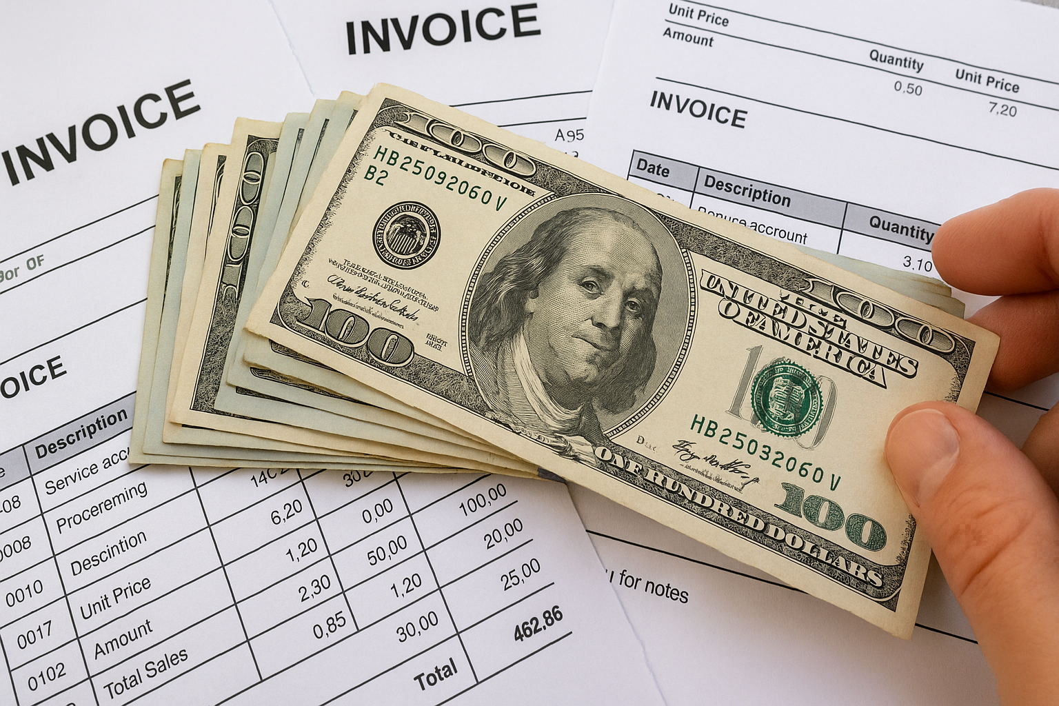 Create a widescreen image less than 1 MB for a featured image on website showing cash on top of invoices as if being counted for payment on the invoices-1