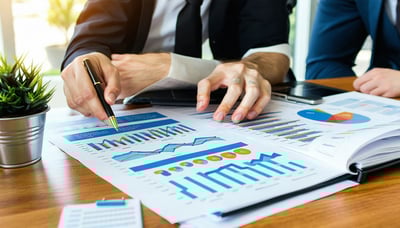 Business owner reviewing financial reports with a virtual bookkeeper Business owner reviewing financial reports with a virtual bookkeeper